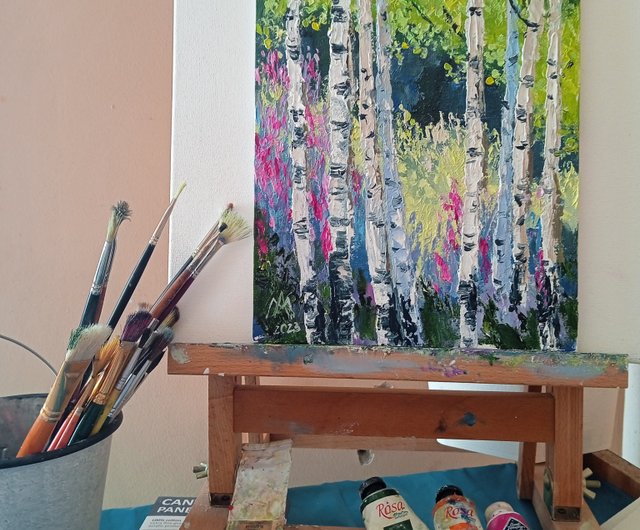 清水晶一・秋の白樺林 油絵 絵画 裏書有 インテリア 置物 オブジェ