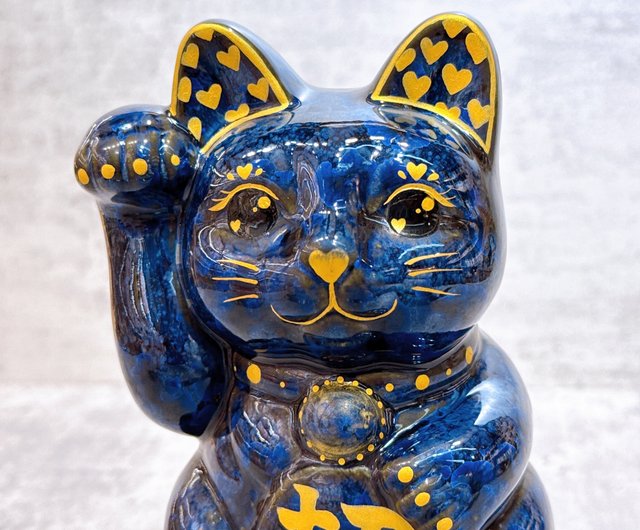 送料無料】香港 清水焼招き猫 | 緑墨 - 金色に輝くハートの招き猫