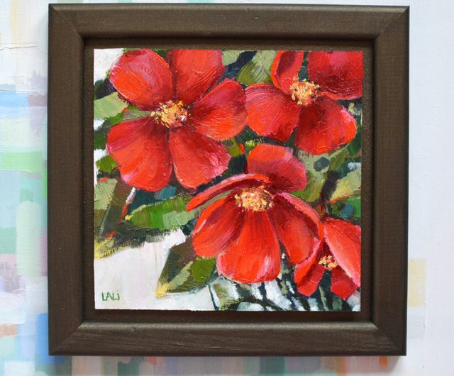 ベラルーシ 赤い花 オリジナル油絵 モダン絵画 13x13cm バルサミン絵画