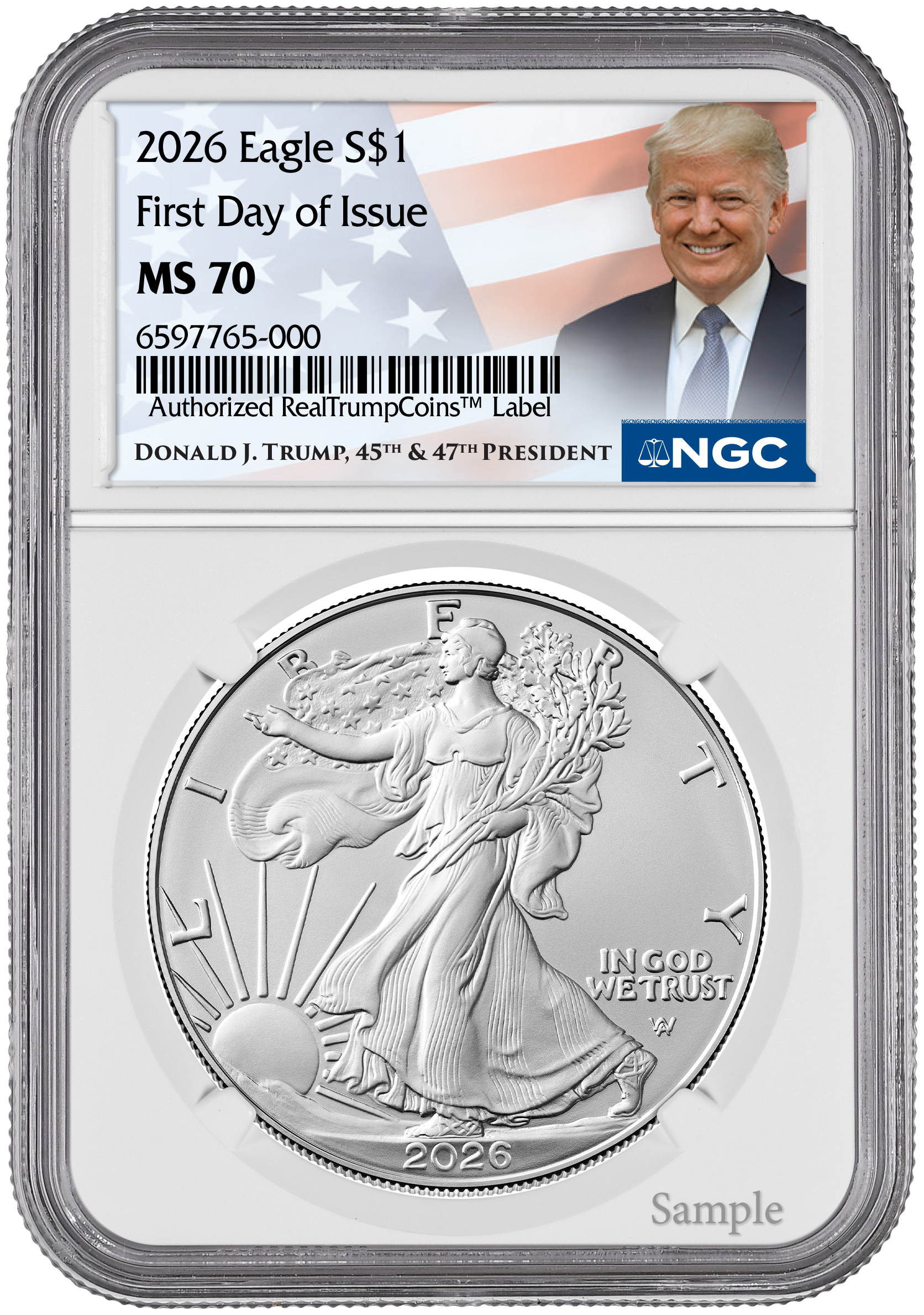 2026 American Silver Eagle NGC MS70 Trump Label | LCR Coin