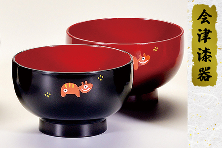 溜内朱・朱 丸型夫婦椀 赤べこ｜会津若松 漆器 特産品 [0477] | 福島県