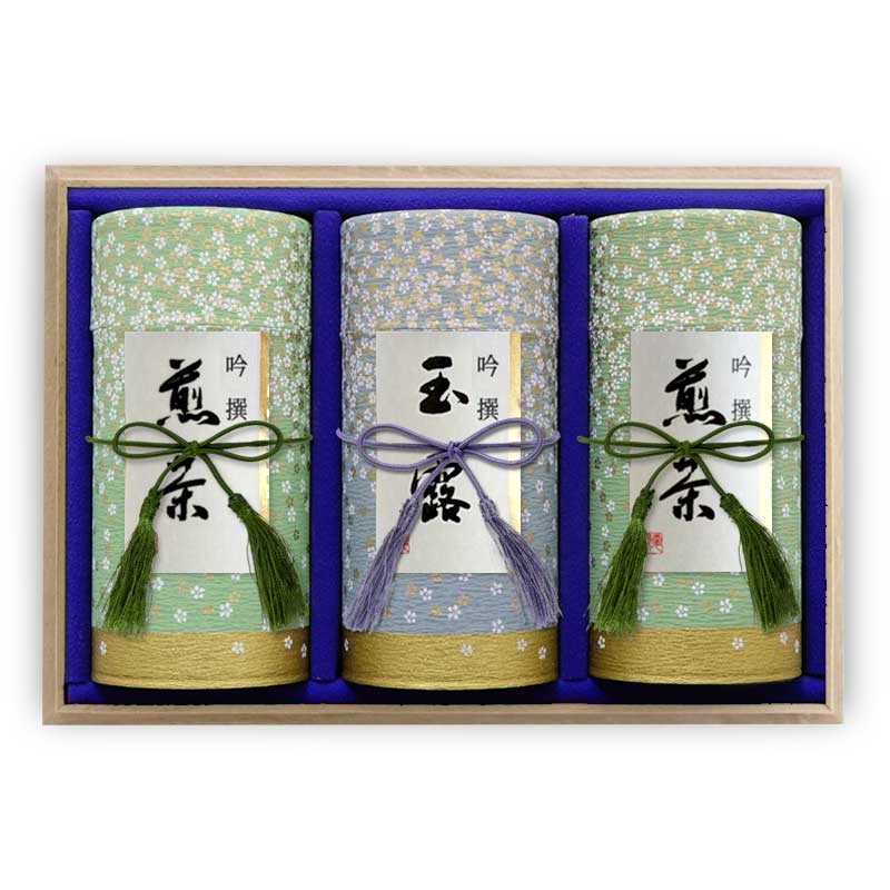 ギフト#77 和染め缶 木箱 3缶セット(極上八女茶 極上知覧茶 特上玉露