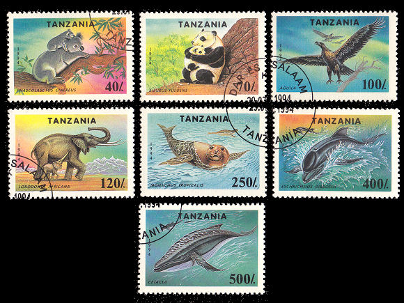 コアラ、パンダなど野生動物（タンザニア 1994年）の外国切手7種（使用