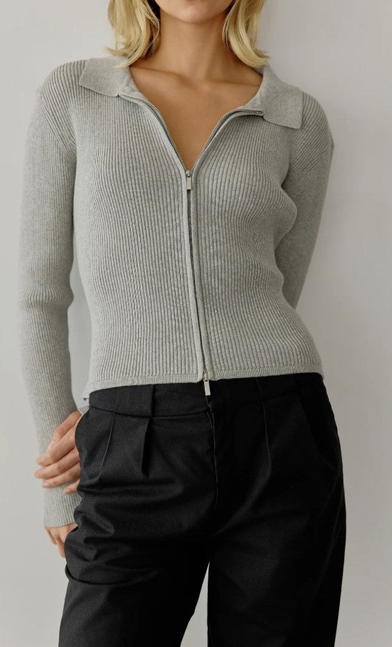 The Kieran Top | Collared Zip-Up Knit Top (Grey) – Charly & Rhodes