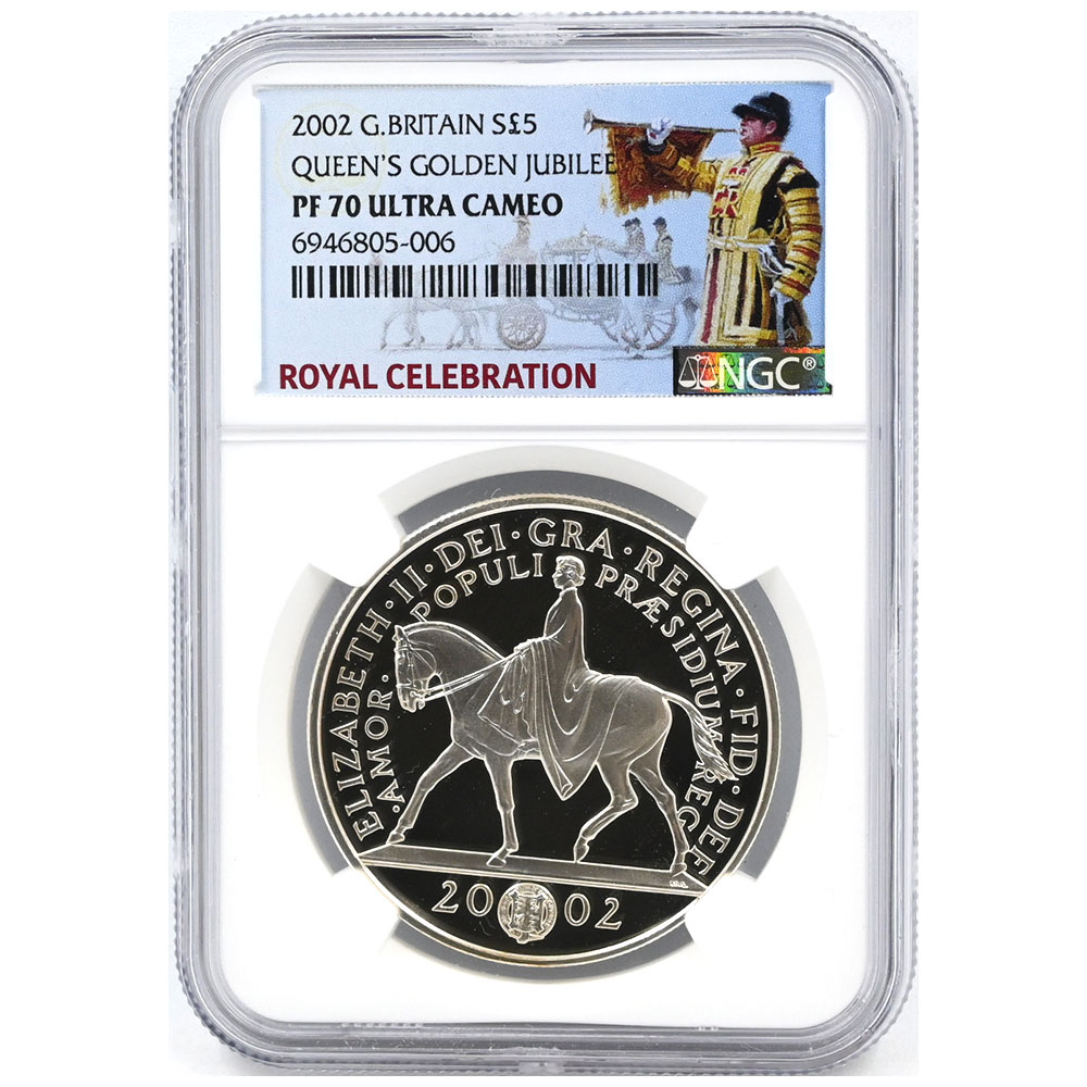 イギリス 2002 エリザベス2世 5ポンド 銀貨 NGC PF70UC ゴールデン