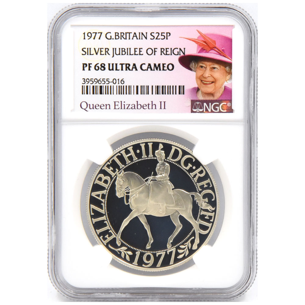 イギリス 1977 エリザベス2世 25ペンス 銀貨 NGC PF68UC 即位25周年