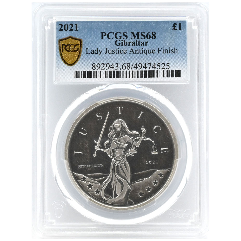 ジブラルタル 2021 1ポンド 1オンス 銀貨 PCGS MS68 正義の女神 49474525