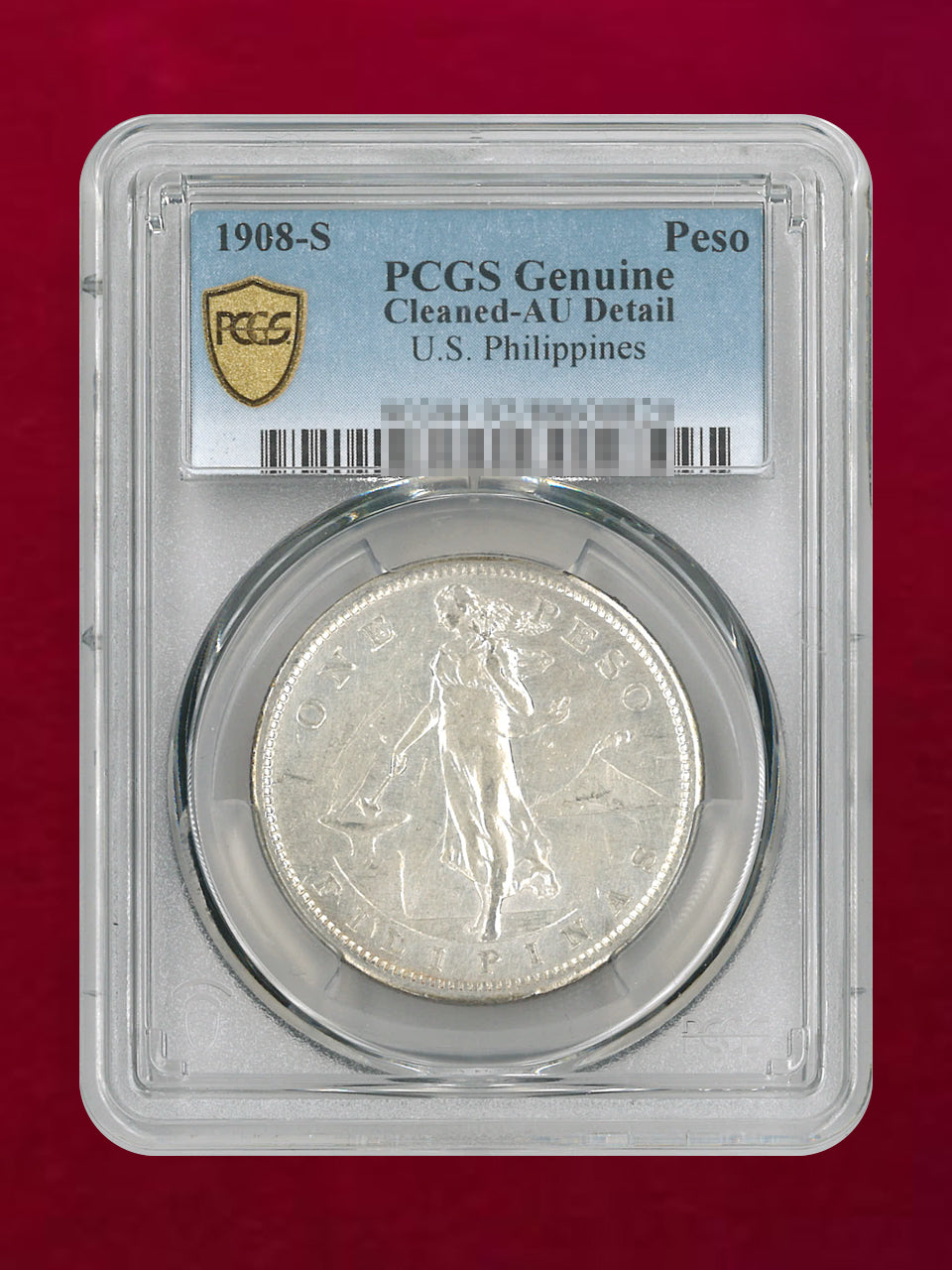 フィリピン】1ペソ 銀貨 1908-S PCGS Genuine Cleaned-AU Detail［B