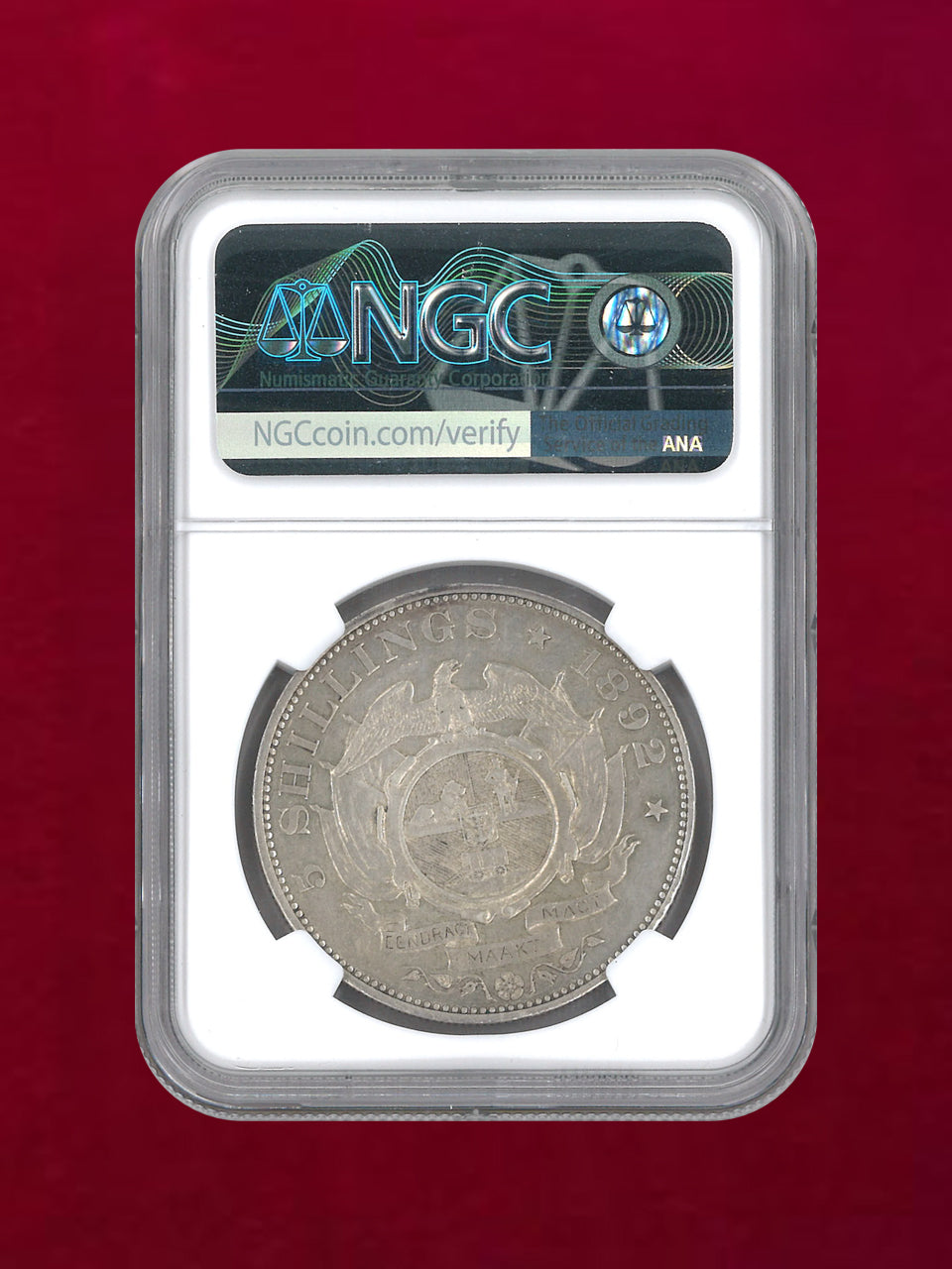 南アフリカ】5シリング 銀貨 DOUBLE SHAFT 1892 NGC AU DETAILS OBV