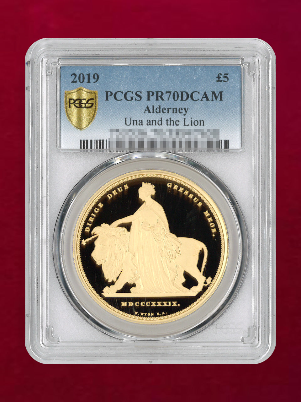 オルダニー島】ウナ＆ライオン 5ポンド 金貨 プルーフ 2019 PCGS
