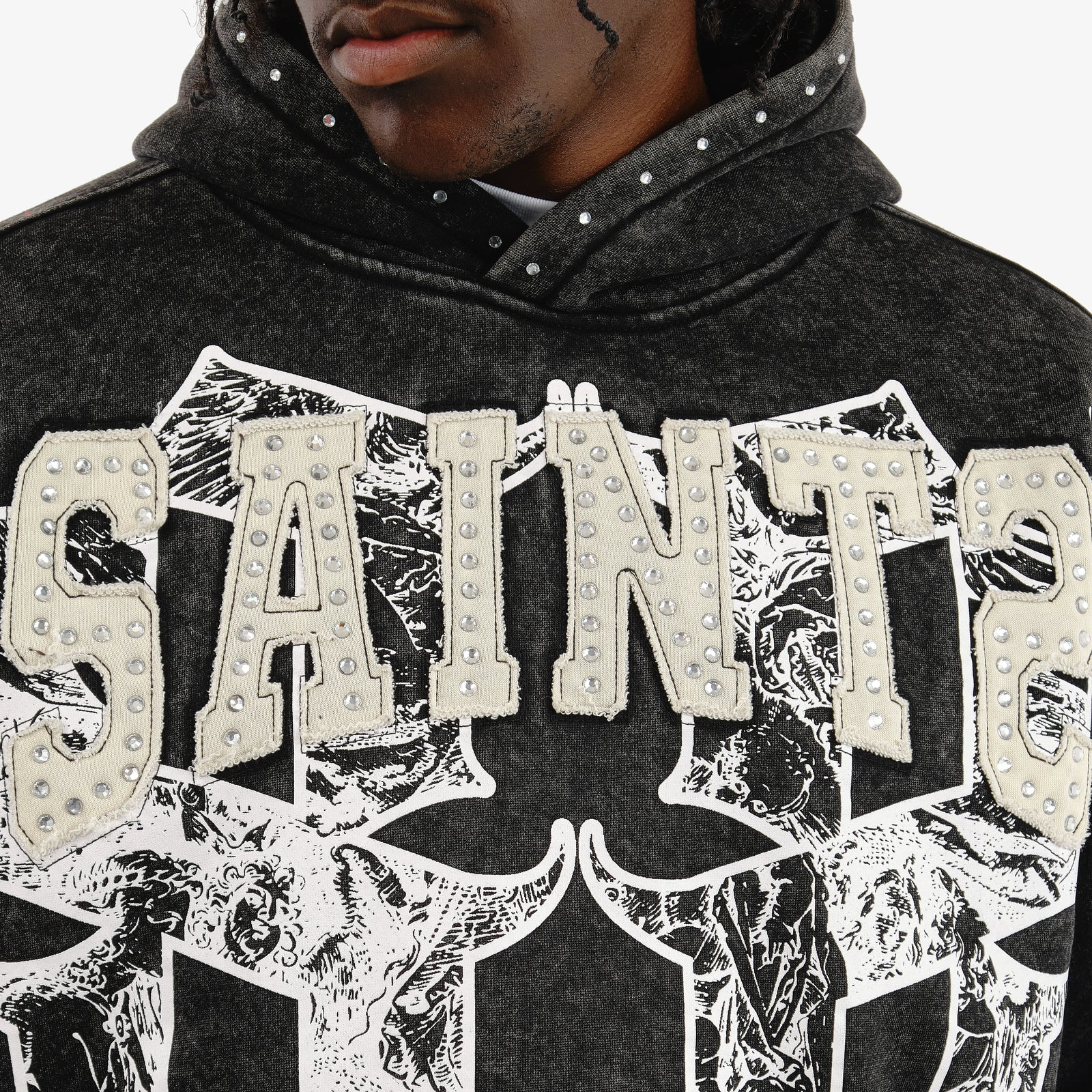 BLACK SAINT HOODIE W/ RHINESTONES