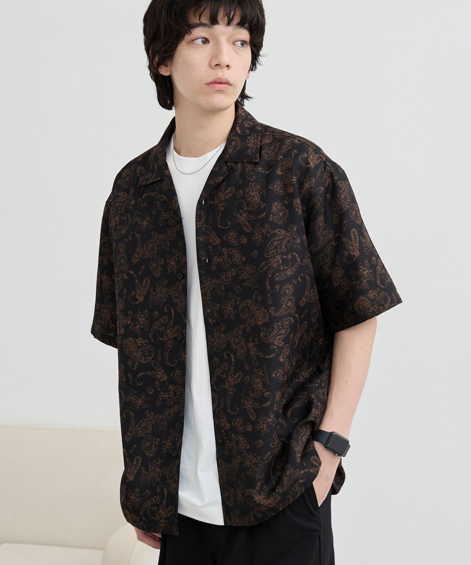 リネンライクプリント柄シャツ