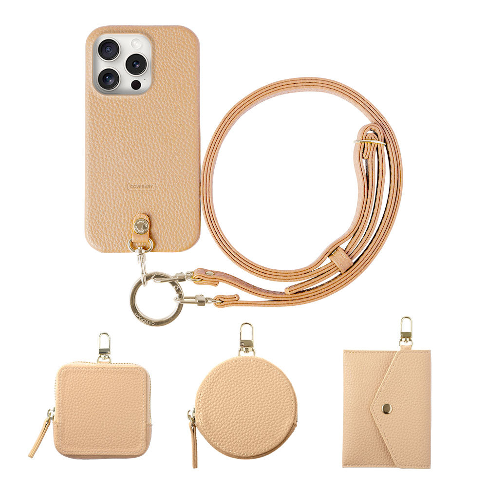 ヴィーガンレザー シボ加工 ショルダーストラップ＆選べるミニポーチ