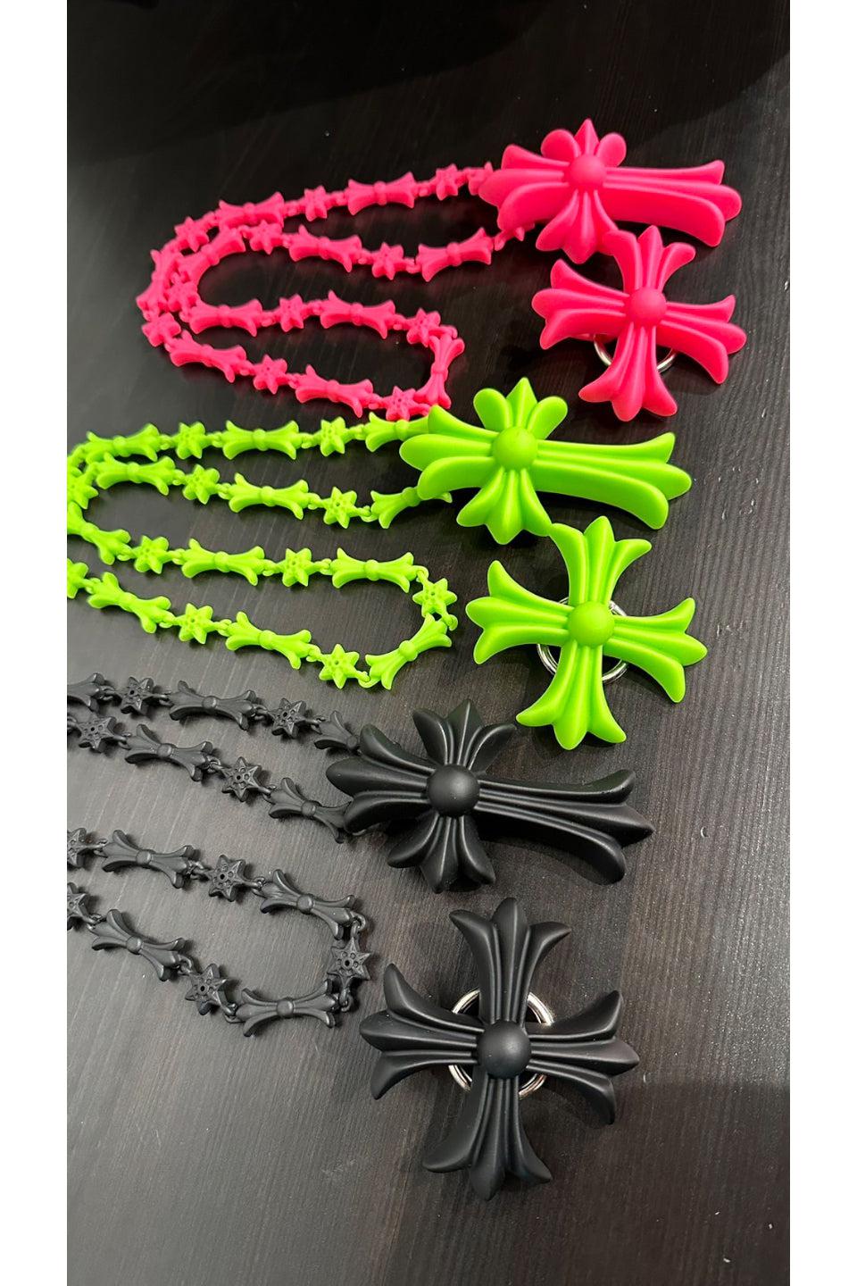 バカデカFAKE HEARTS 蓄光グリーン十字架 クロスネックレス