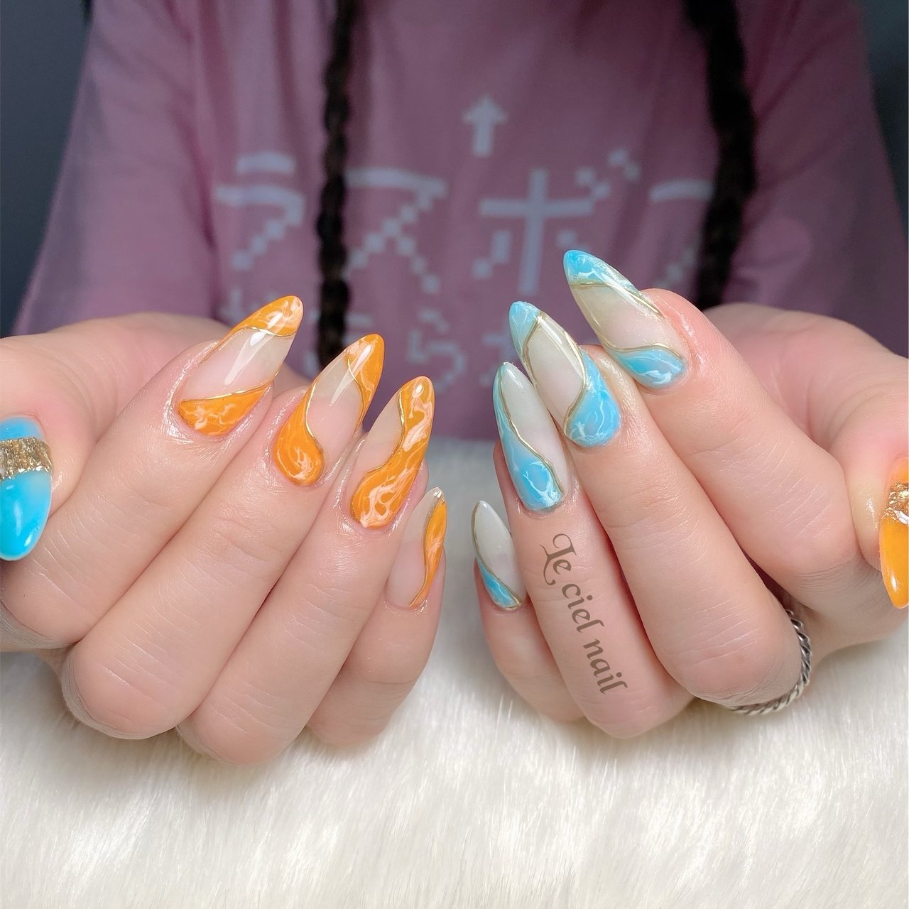 夏/ハンド/ロング/オレンジ/水色 - ○sayoのネイルデザイン[No.7263611