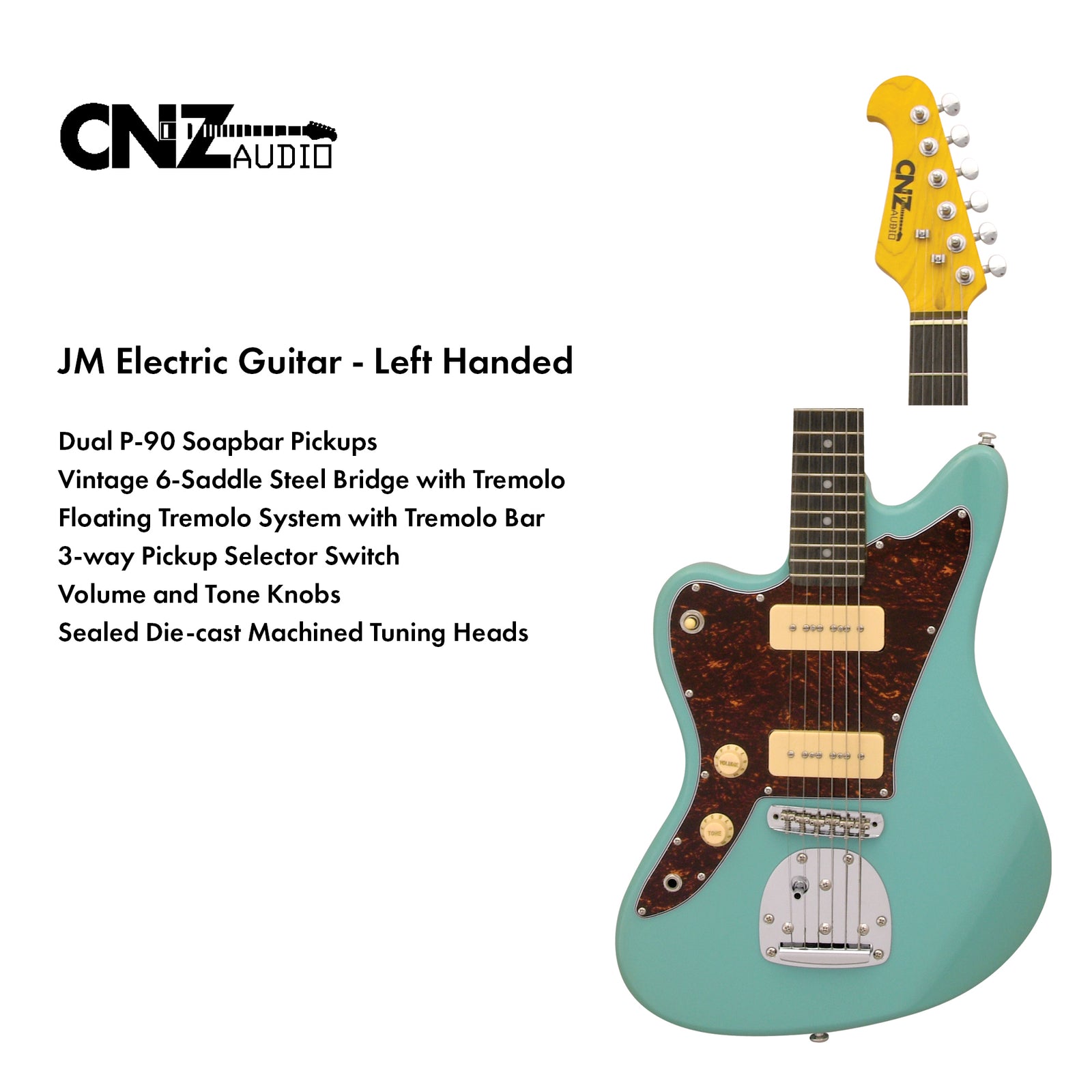 JM-SFG-TRPG-L | Lefty Electric Guitar - Seafoam Green, Tortoise