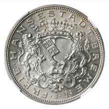 ドイツ ブレーメン 5マルク銀貨 1906(J) Dav-630 KM-251 NGC MS62（AU