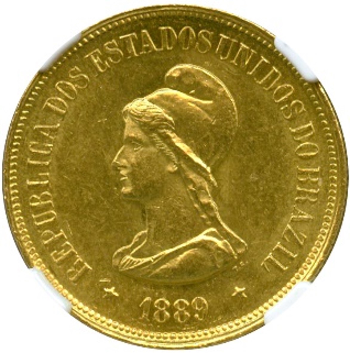 ブラジル 20000レイス金貨 1889 自由の女神 Fr124 KM497 NGC MS63 (AU