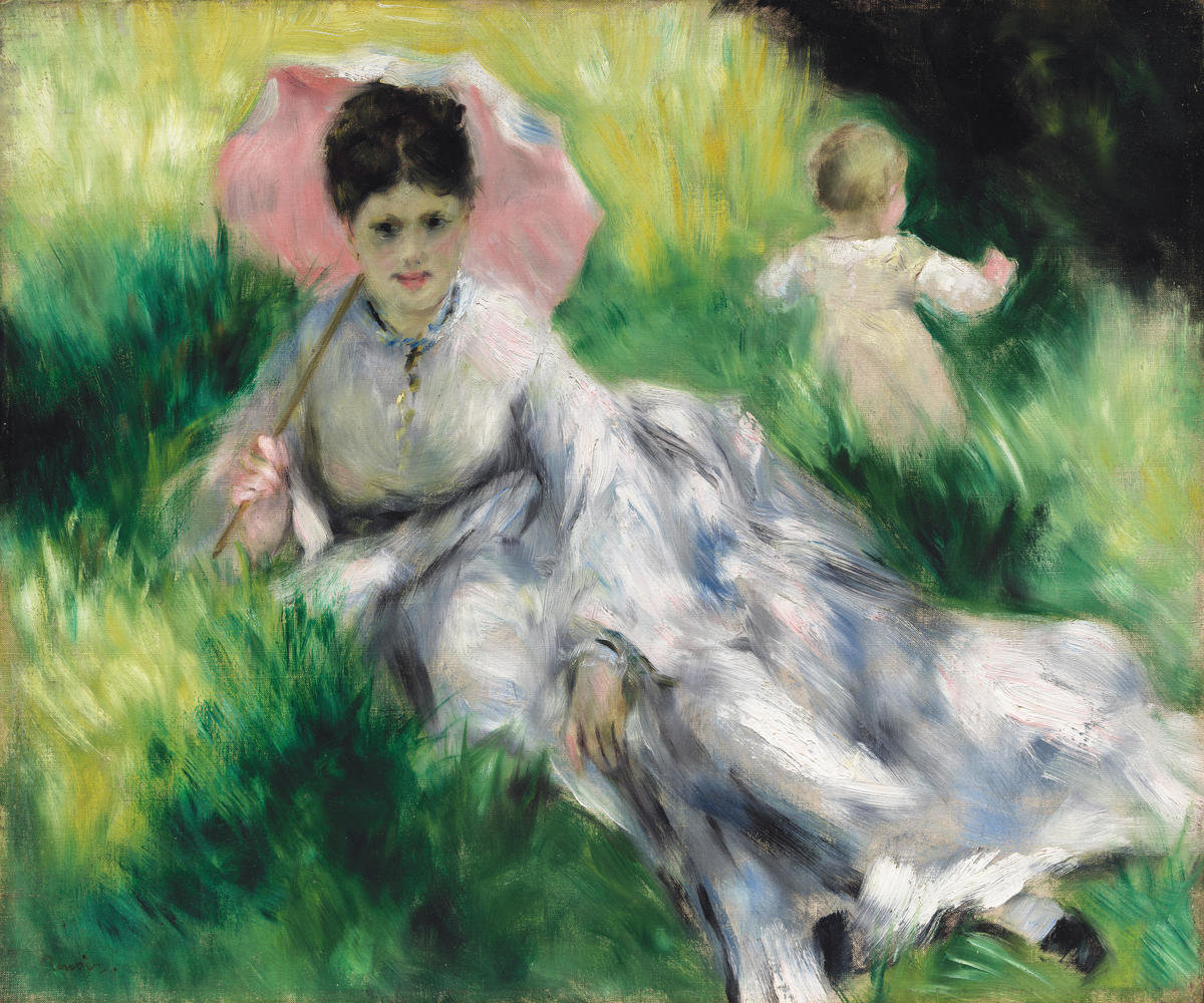 Woman with a Parasol and Small Child on a Sunlit Hillside, about