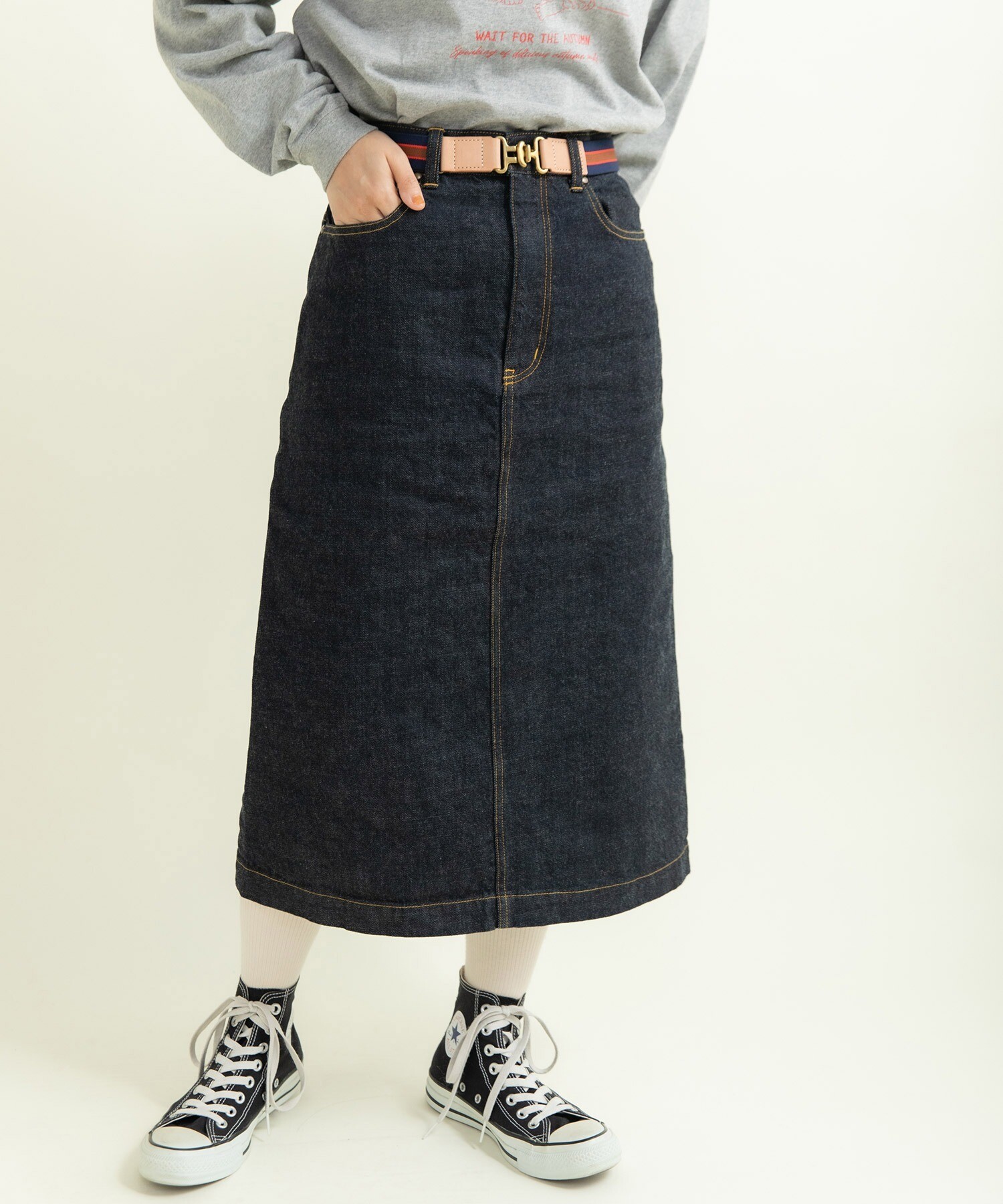 11.36ozムラ糸デニム ミディアムタイトスカート