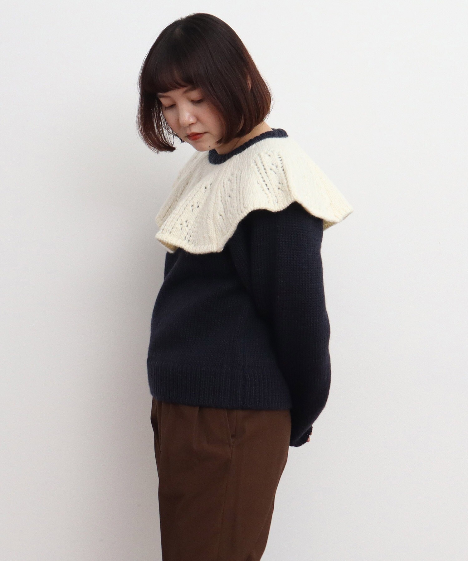 AMBIDEX Store ○1/3Wool 透かし編みケープ襟プルオーバー(F キナリ