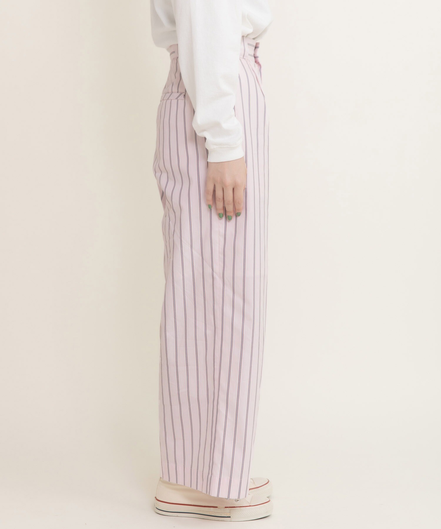 40/-オックスマルチストライプ センタープレスストレートパンツ