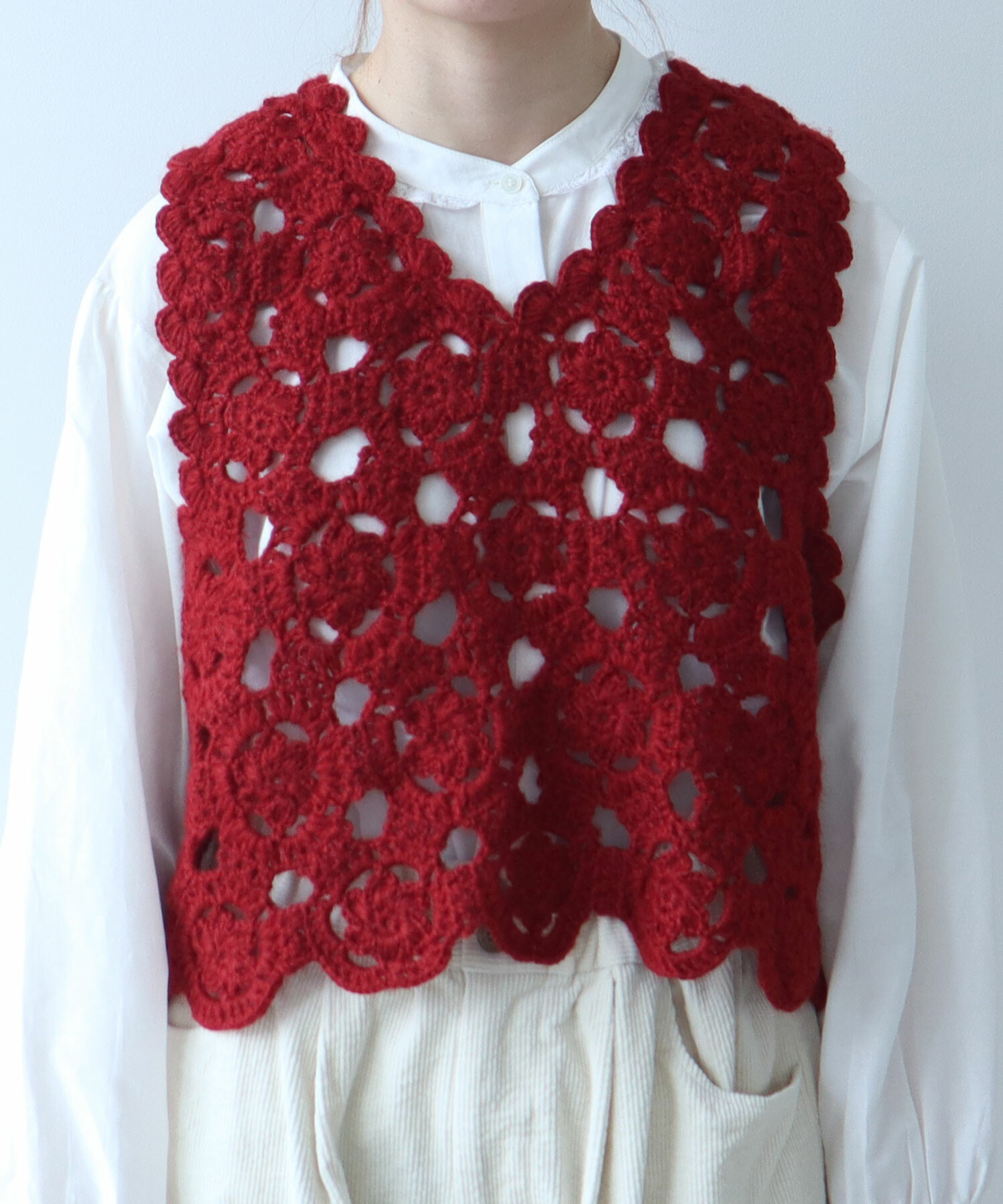 AMBIDEX Store ○ ネパールハンドニット かぎ針レース ベスト(F シロ