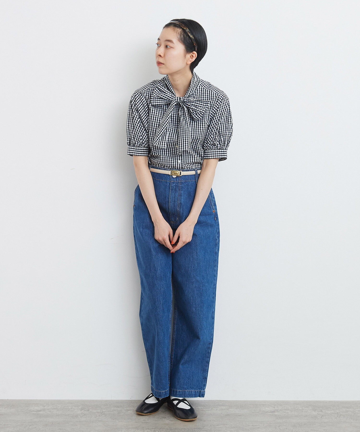 タイプライター無地/ギンガム 5分袖ボウタイブラウス