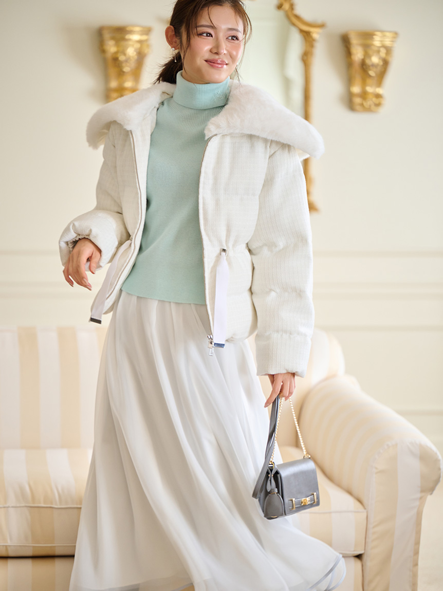 アドニシス/イエロー ツイードコート ファー襟付き ファー襟付き