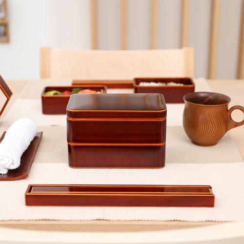 飛騨春慶 元田漆器 隅丸二段弁当箱 伝統工芸品 木製 弁当箱／箸箱