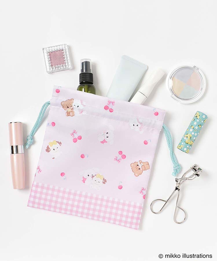 mikko illustrations巾着 ポーチ 小物入れ 巾着 mikko ホワイト ピンク