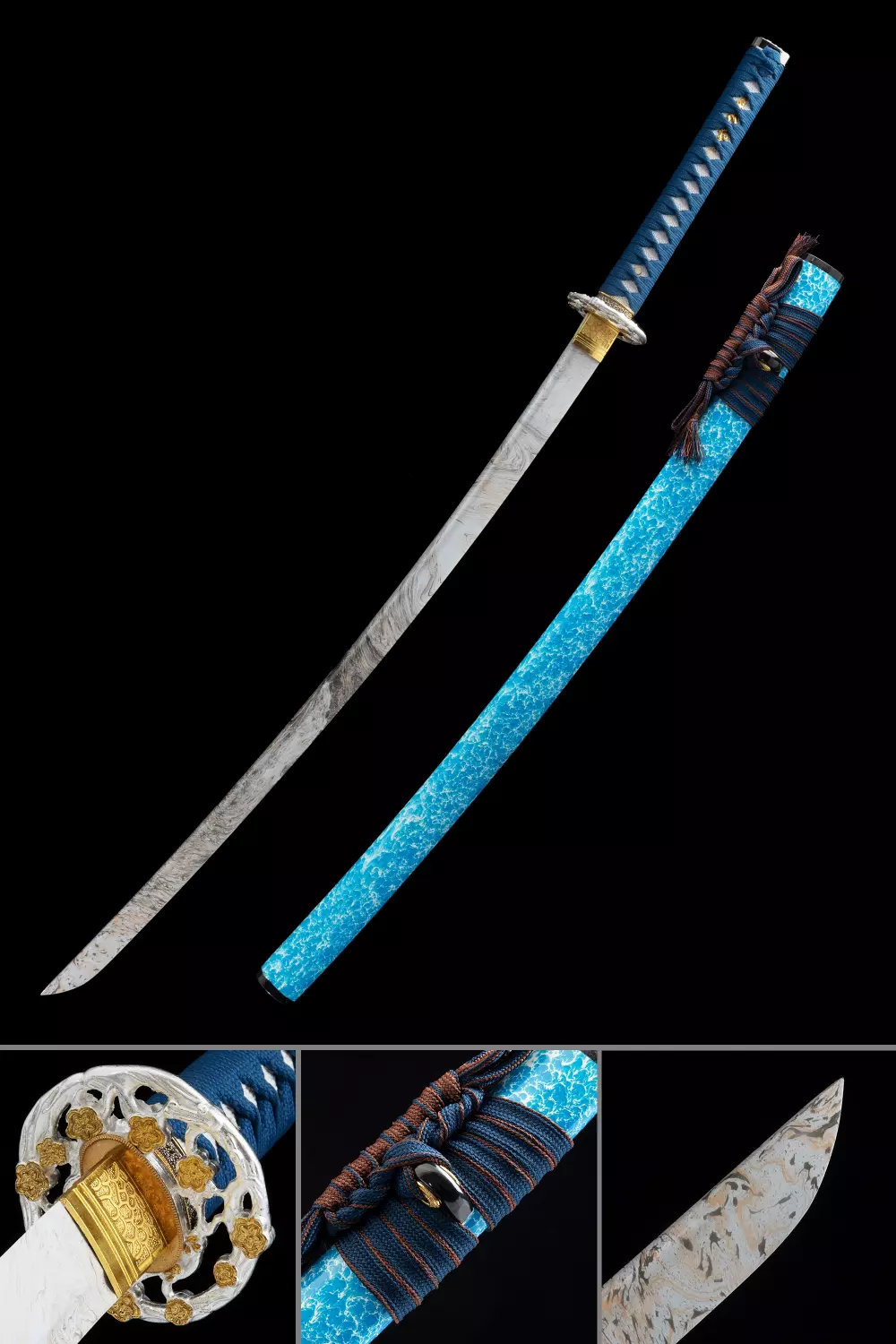 Blue Katana | 1045 Carbon Steel Katana with Cyan Wave-Lacquer Saya