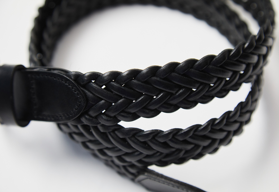 8本編みヘリンボーン クラフトレザーメッシュベルト/ブラック