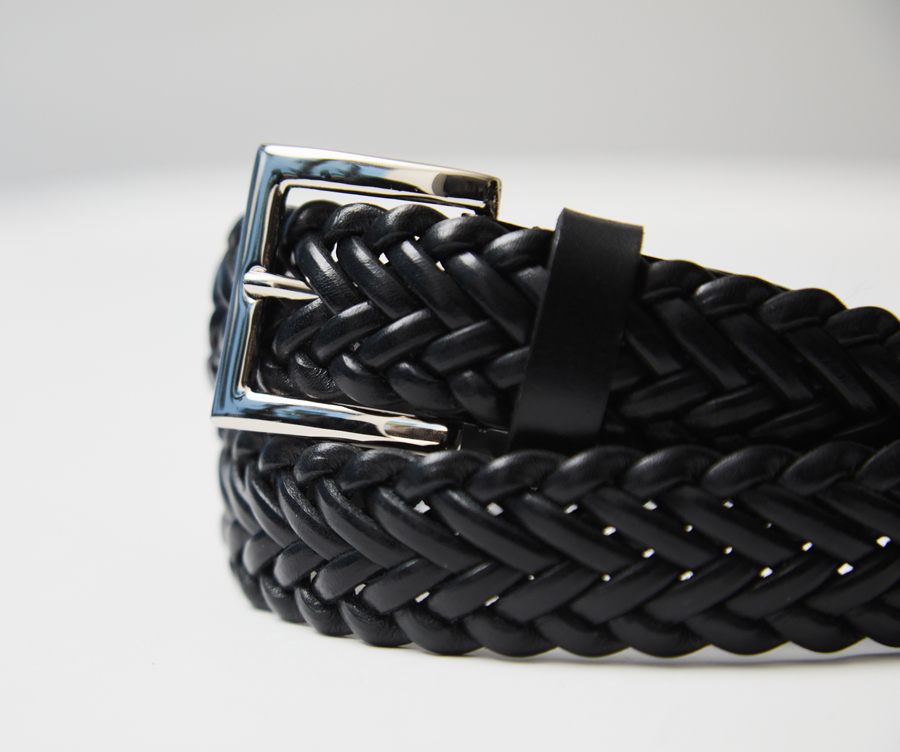 8本編みヘリンボーン クラフトレザーメッシュベルト/ブラック
