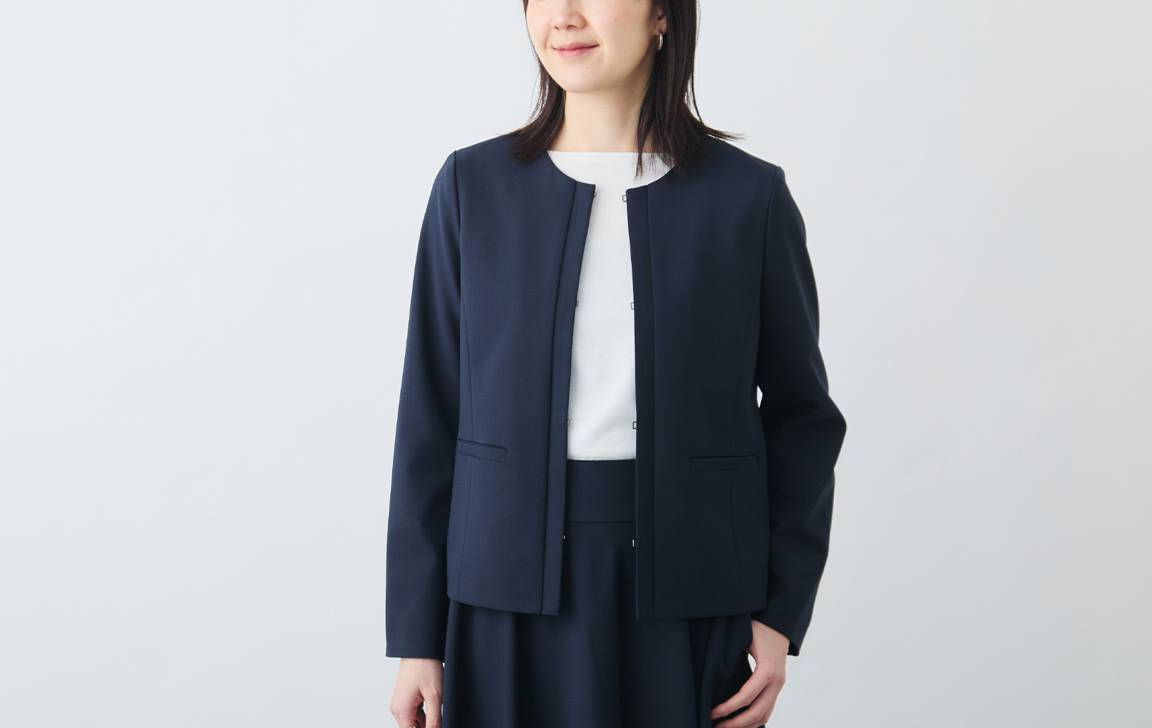 ノーカラージャケット/Washable/セットアップ可能/ネイビー