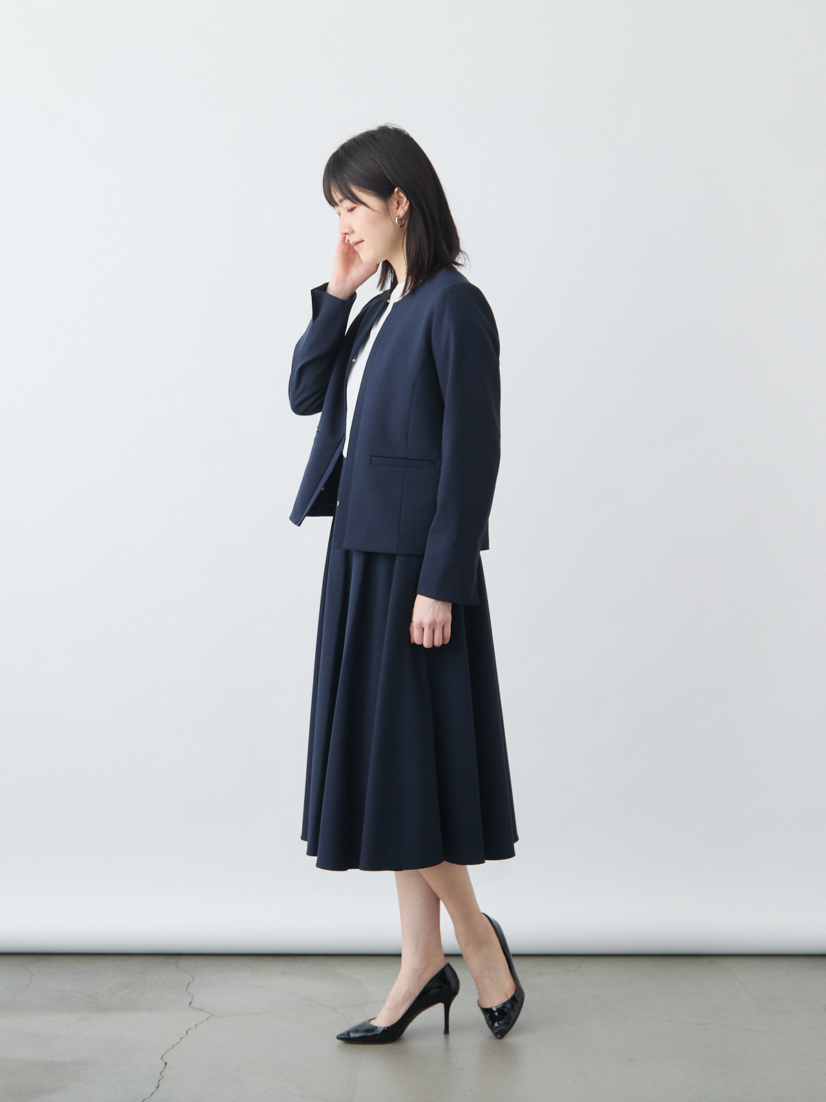 ノーカラージャケット/Washable/セットアップ可能/ネイビー