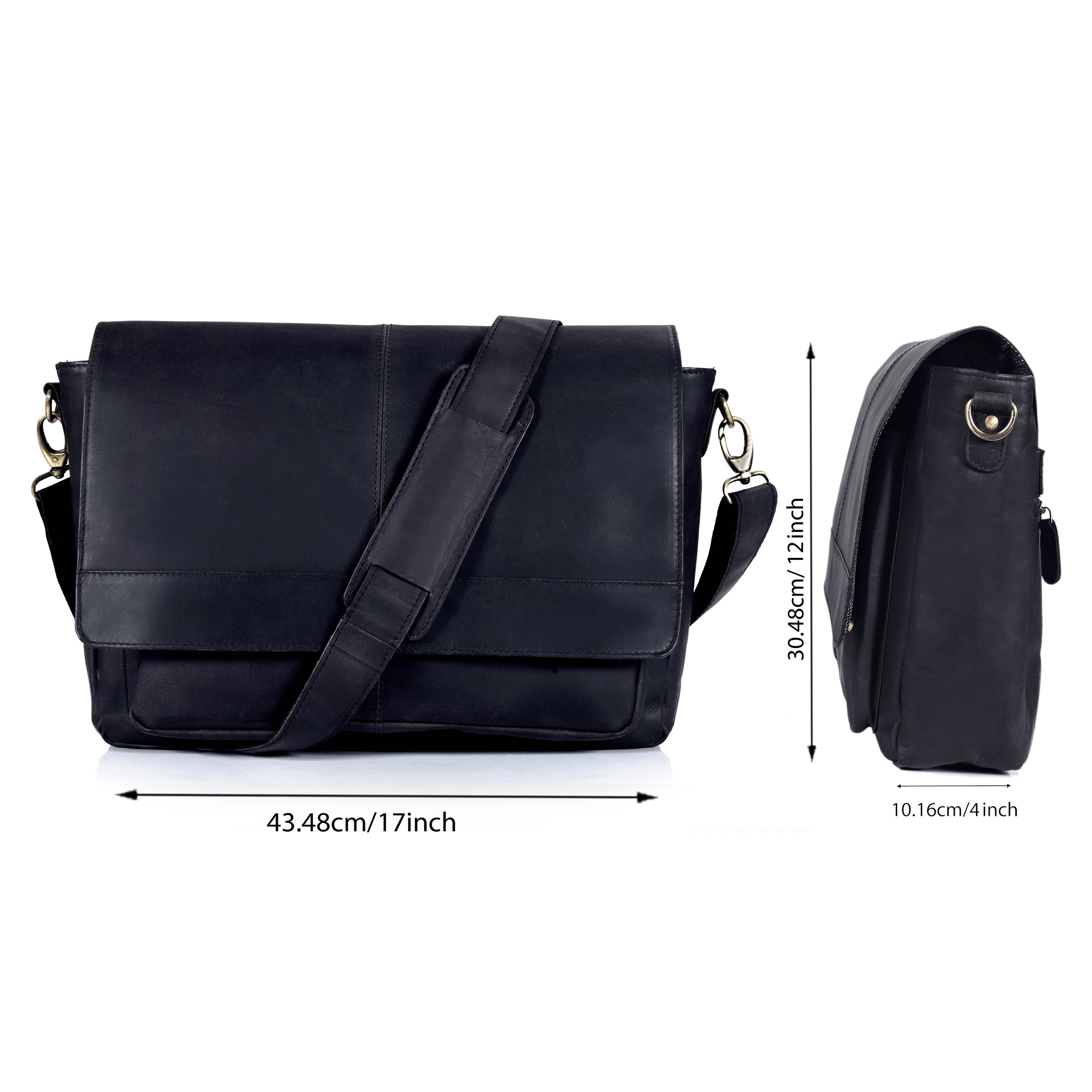 Javis Unisex Black Leather Messenger Bag | Denver Leather Craft