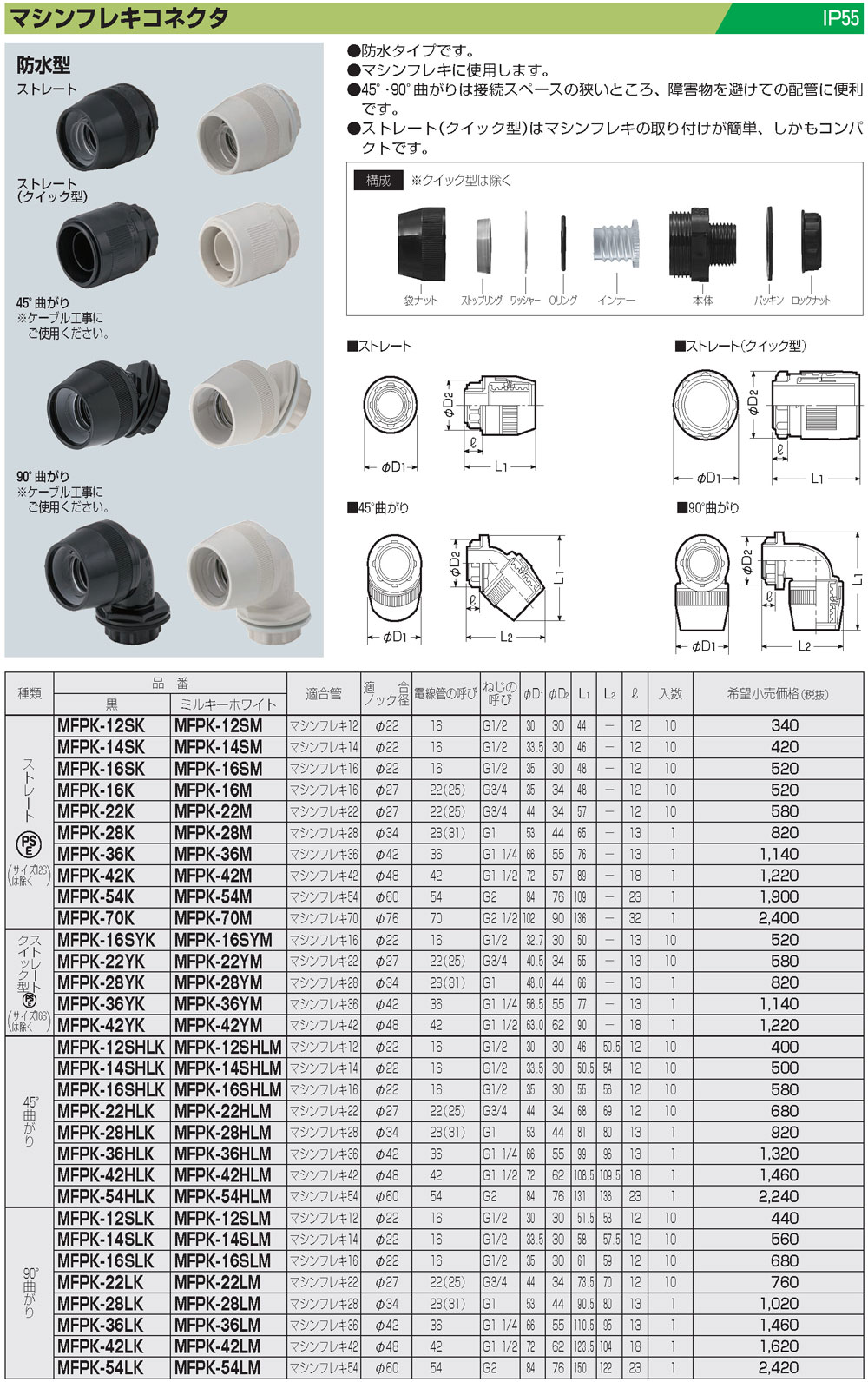 MFPK-70M | 配管材 | 未来工業 電設資材マシンフレキコネクタ 防水型