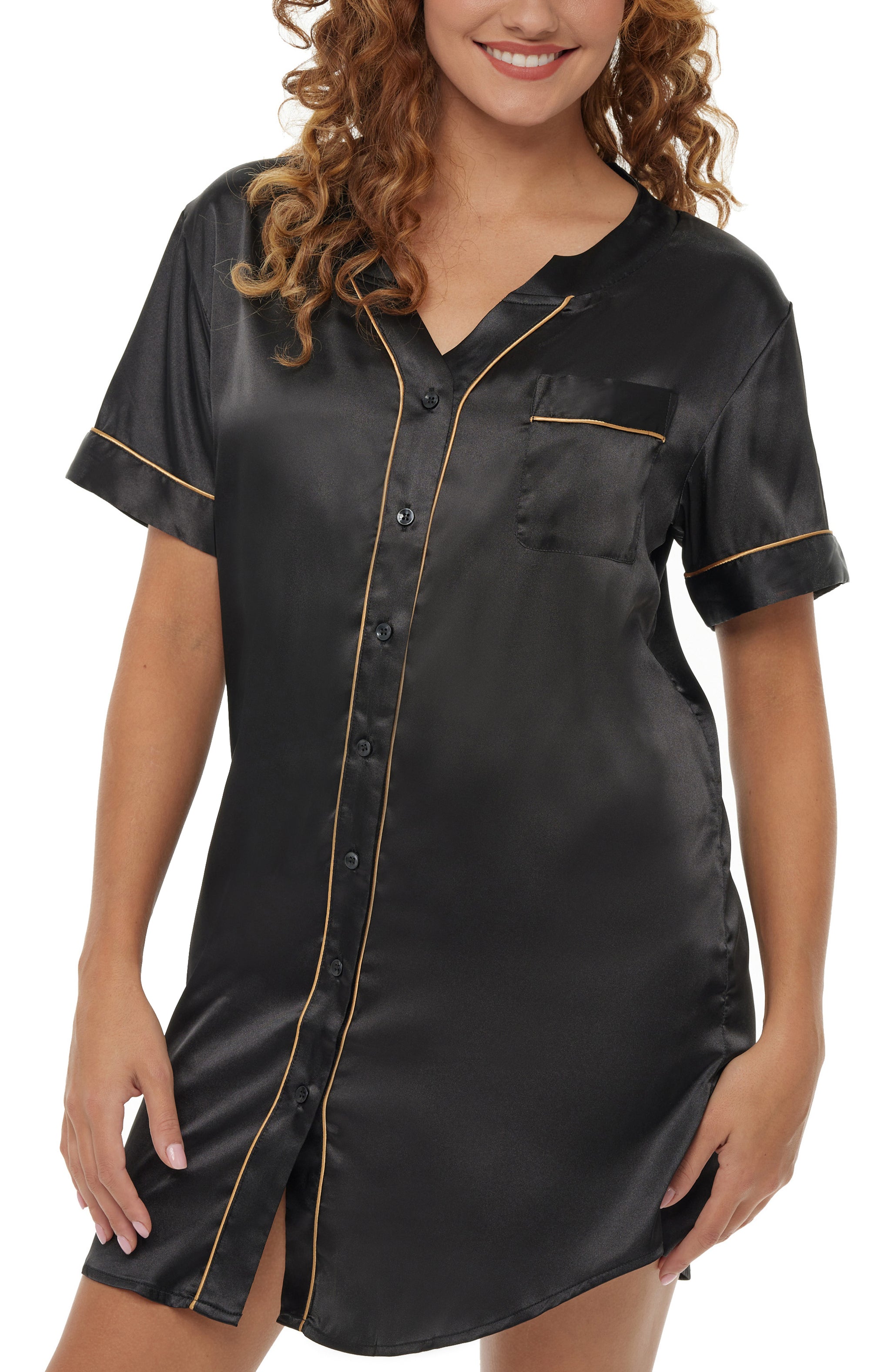 ADR Womens Satin Nightshirt, Boyfriend Style Short Sleeve Sleep