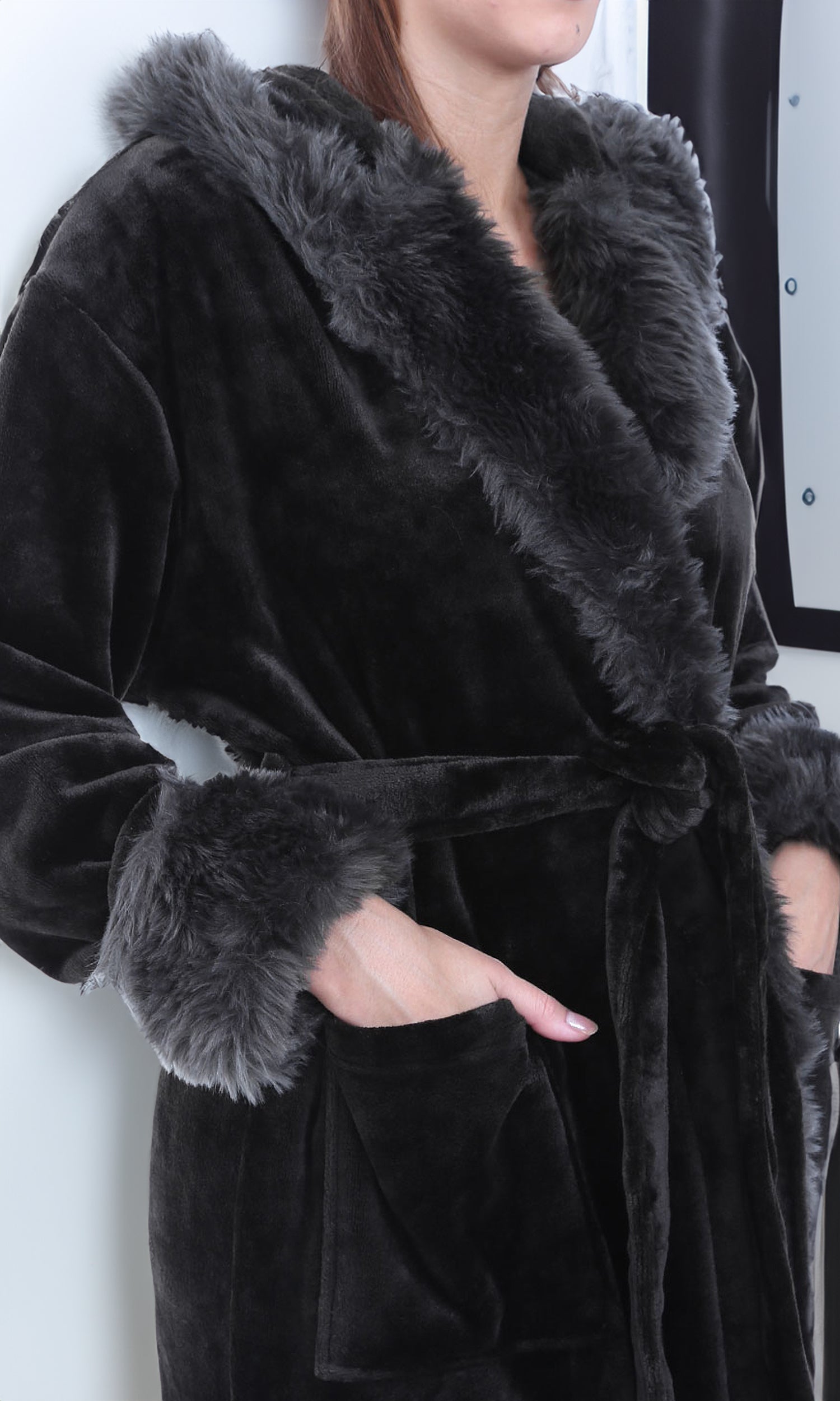 ADR Women's Faux Fur Feather Hooded Robe, Soft Plush Fleece