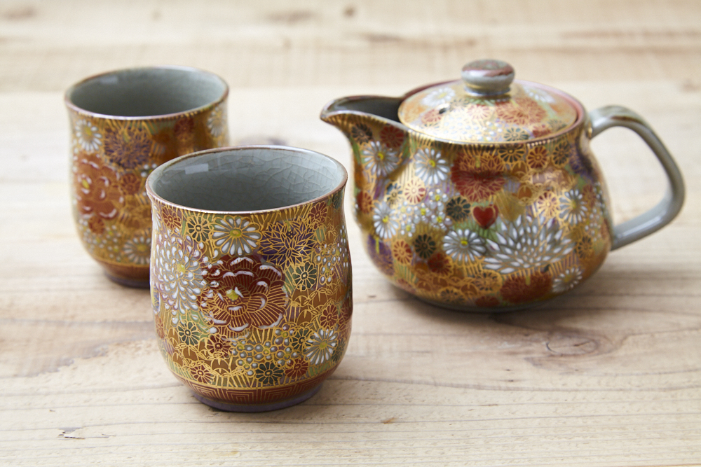 レンタル】九谷焼【茶器・急須・ティーポット3点セット】大 (金花詰