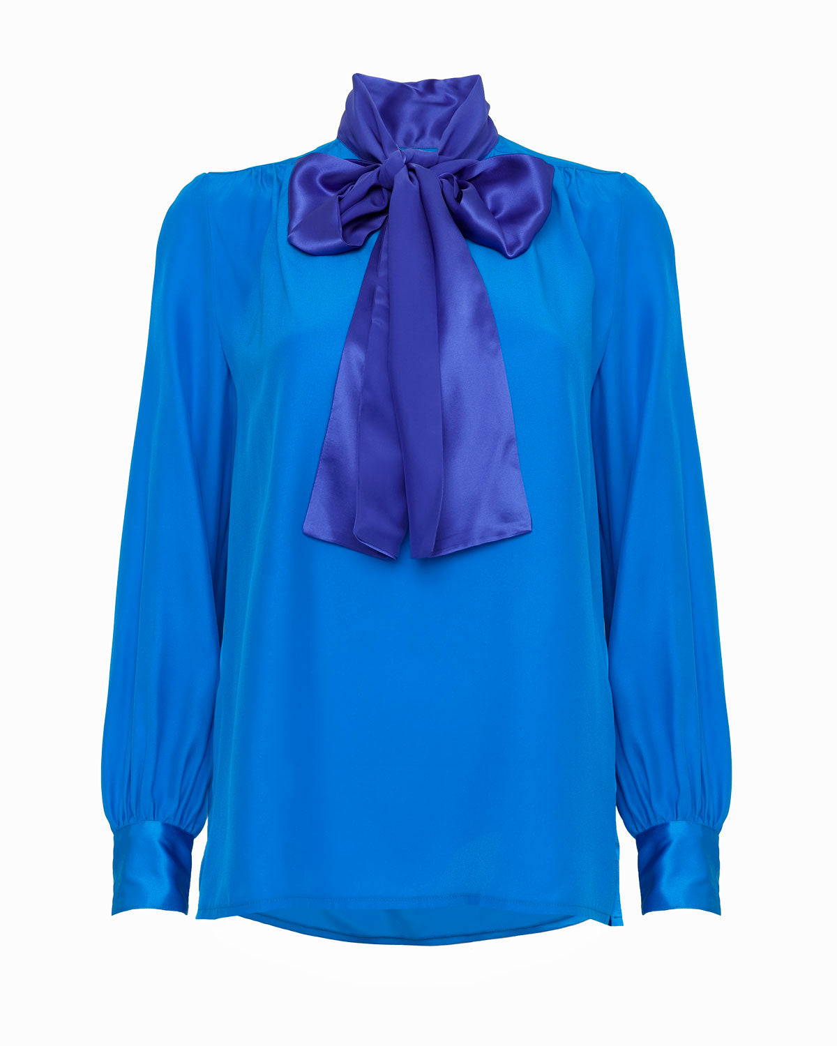 EDEN PUSSY-BOW BLOUSE - KINGFISHER & SAPPHIRE SILK - DOVIMA Paris