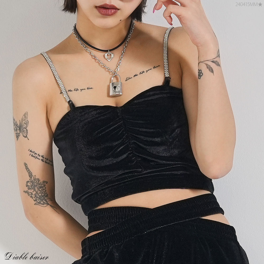 滑り止め付ビジューキャミ紐ホルターベロアトップス – レディース