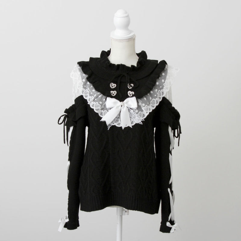 袖レースアップフリルハートビジューニット – レディースファッション