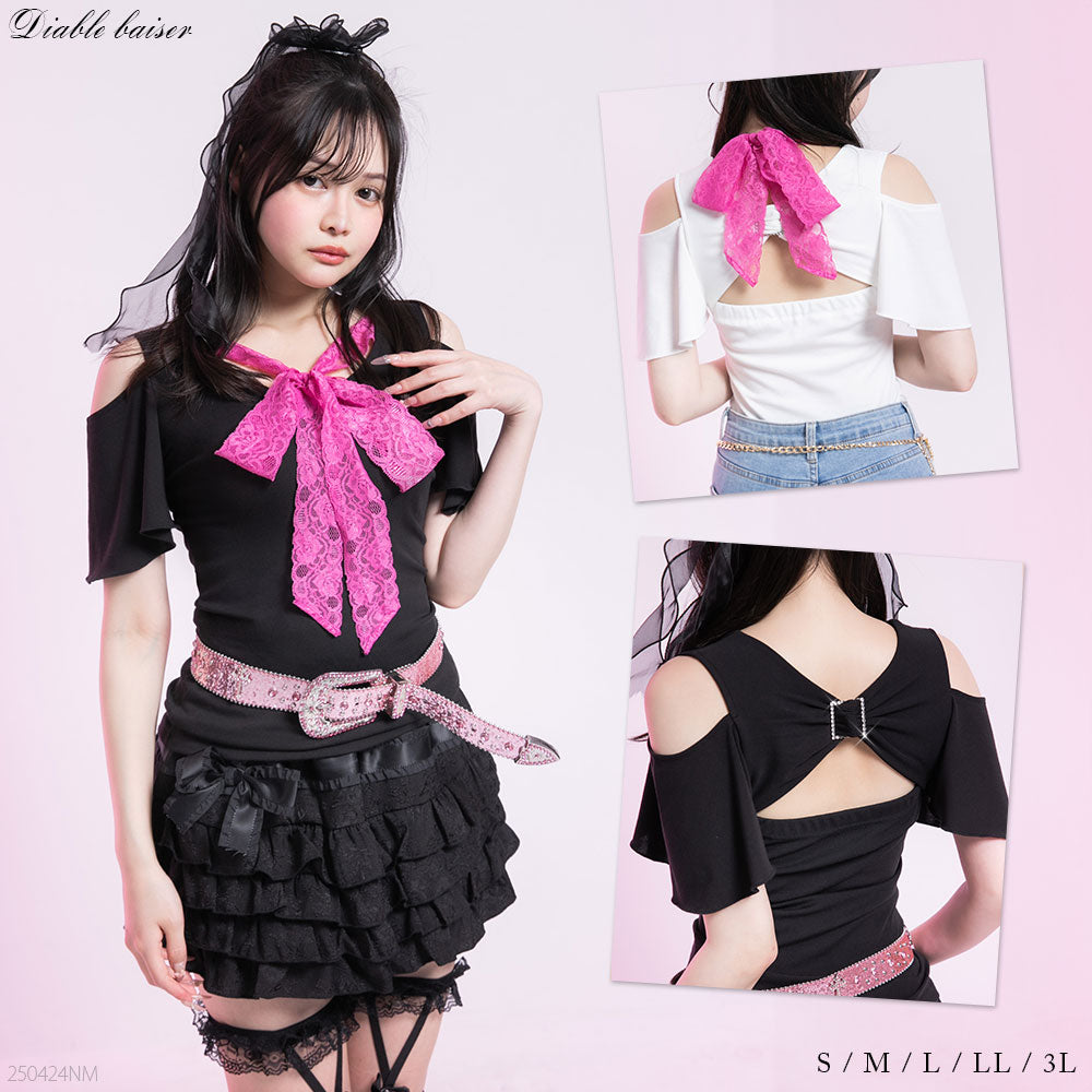 背中開きビジューバックルセクシーリボン姫ギャルトップス