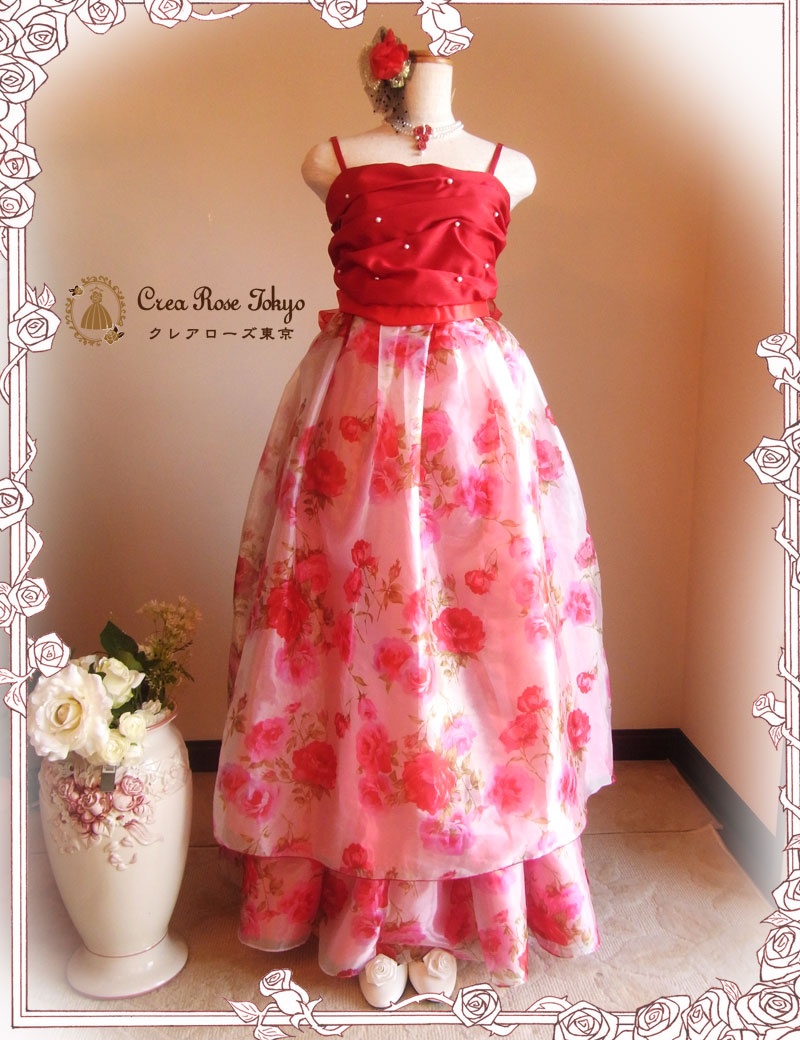 プリンセスローズ]オリジナル赤薔薇ロングドレス ローズ柄｜レンタル