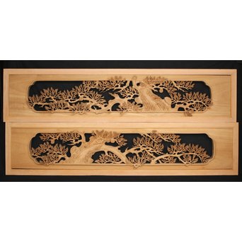 井波彫刻 弘介銘 松の深彫木彫欄間2枚1組 R2562Y｜骨董店 のびる 古