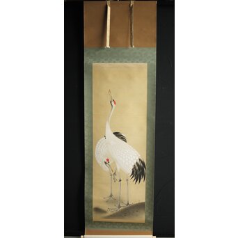 横尾木鶏 双鶴図 絹本彩色掛軸 Z229｜骨董店 のびる 古美術 骨董 和風