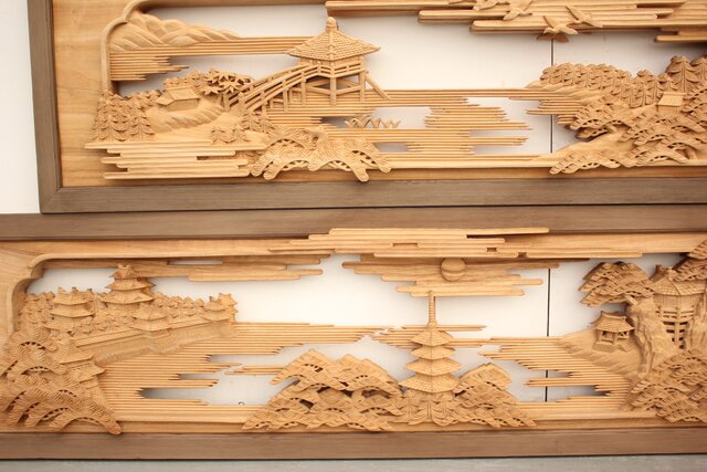 籠瀬露風 神代杉枠 楠木彫欄間 2枚1組 R2499Y｜骨董店 のびる 古美術