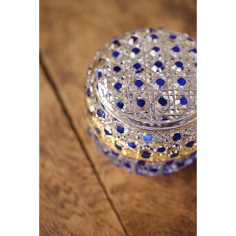 江戸切子 堀口硝子 須田秀石 瑠璃被 籠目紋 蓋物/棗 共箱 Y044｜骨董店